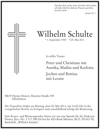 Traueranzeige von Wilhelm Schulte von Tageszeitung