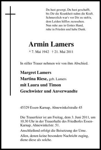 Traueranzeige von Armin Lamers von Tageszeitung