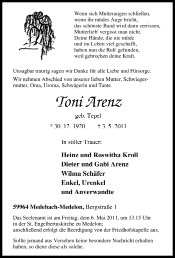 Traueranzeige von Toni Arenz von Tageszeitung