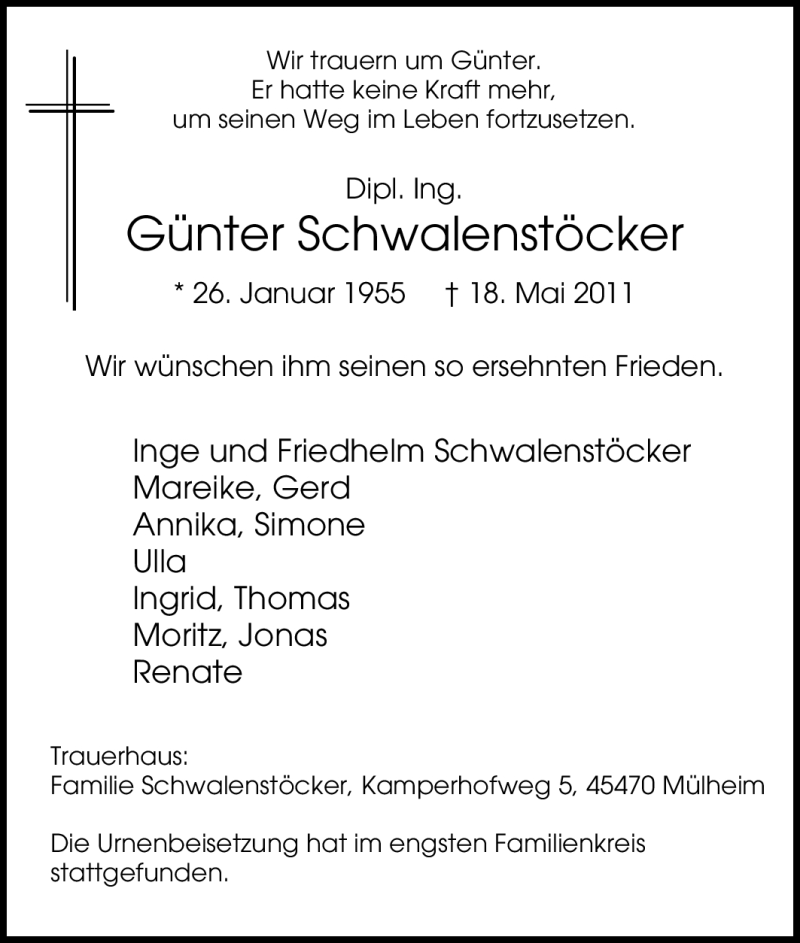  Traueranzeige für Günter Schwalenstöcker vom 31.05.2011 aus Tageszeitung