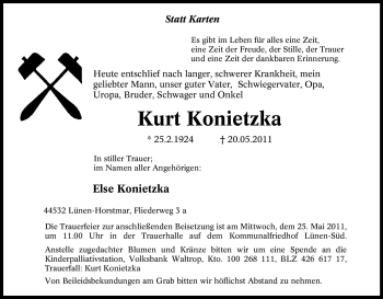 Traueranzeige von Kurt Konietzka von Tageszeitung