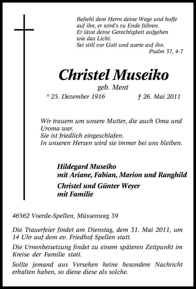  Traueranzeige für Christel Museiko vom 30.05.2011 aus Tageszeitung