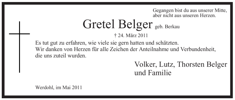  Traueranzeige für Gretel Belger vom 10.05.2011 aus Tageszeitung