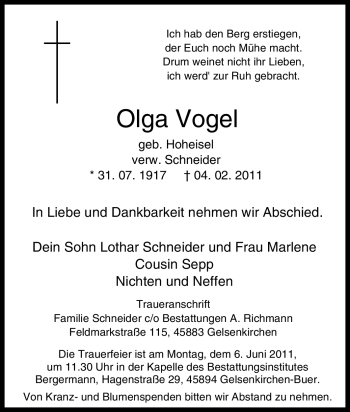 Traueranzeige von Olga Vogel von Tageszeitung