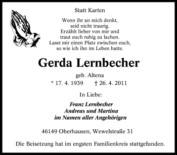 Traueranzeige von Gerda Lernbecher von Tageszeitung