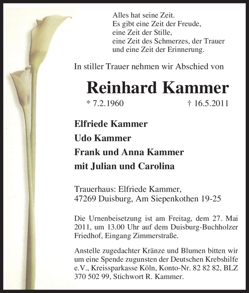  Traueranzeige für Reinhard Kammer vom 23.05.2011 aus Tageszeitung