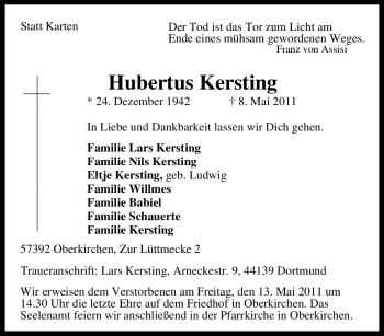 Traueranzeige von Hubertus Kersting von Tageszeitung