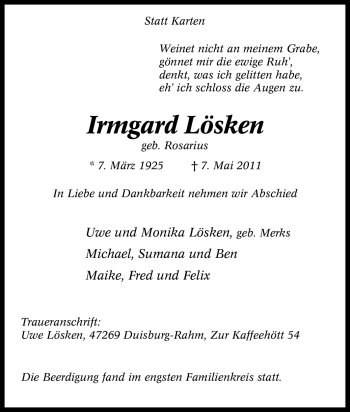 Traueranzeige von Irmgard Lösken von Tageszeitung
