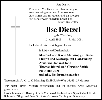 Traueranzeige von Ilse Dietzel von Tageszeitung