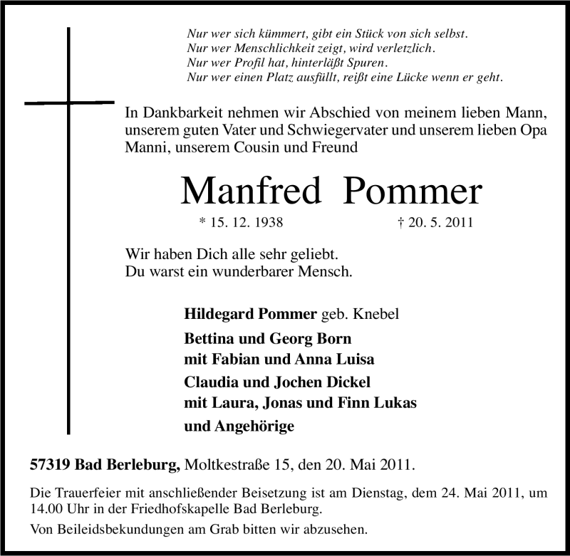 Traueranzeigen von Manfred Pommer TrauerinNRW.de