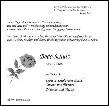 Traueranzeige von Bodo Schulz von Tageszeitung