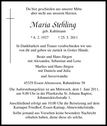 Traueranzeige von Maria Stehling von Tageszeitung