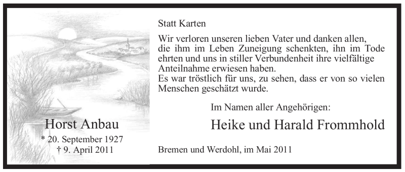  Traueranzeige für Horst Anbau vom 07.05.2011 aus Tageszeitung