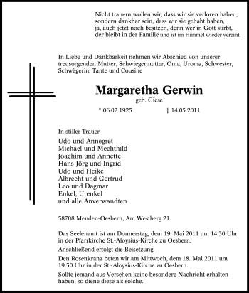 Traueranzeige von Margaretha Gerwin von Tageszeitung