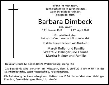 Traueranzeige von Barbara Dimbeck von Tageszeitung