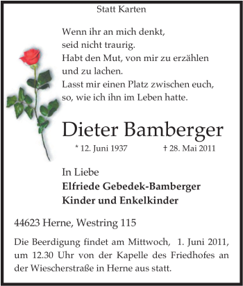 Traueranzeige von Dieter Bamberger von Tageszeitung