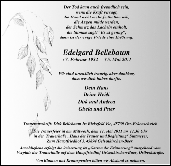 Traueranzeige von Edelgard Bellebaum von Tageszeitung