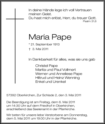 Traueranzeige von Maria Pape von Tageszeitung