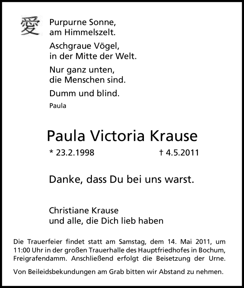  Traueranzeige für Paula Victoria Krause vom 11.05.2011 aus Tageszeitung