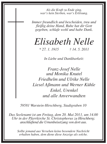 Traueranzeige von Elisabeth Nelle von Tageszeitung