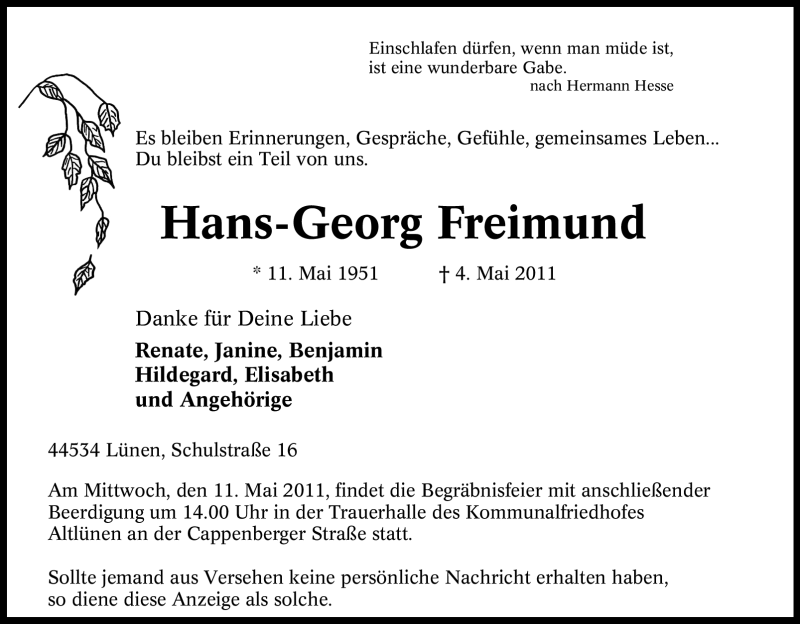  Traueranzeige für Hans-Georg Freimund vom 07.05.2011 aus Tageszeitung