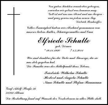 Traueranzeige von Elfriede Schulte von Tageszeitung