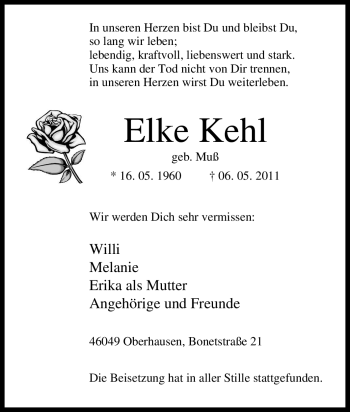 Traueranzeige von Elke Kehl von Tageszeitung