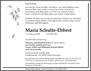 Traueranzeige von Maria Schulte-Ebbert von Tageszeitung