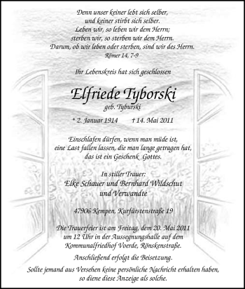 Traueranzeige von Elfriede Tyborski von Tageszeitung