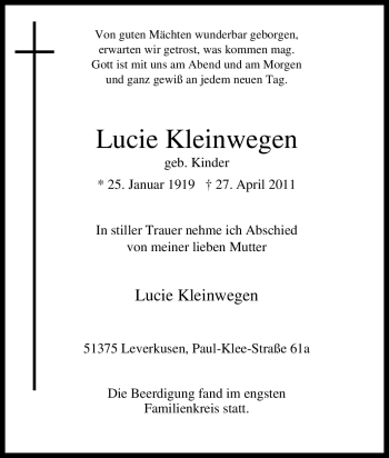 Traueranzeige von Lucie Kleinwegen von Tageszeitung
