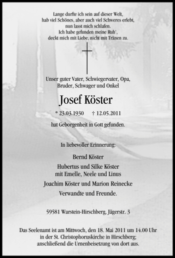Traueranzeige von Josef Köster von Tageszeitung