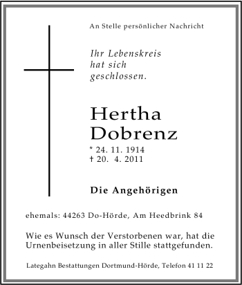Traueranzeige von Hertha Dobrenz von Tageszeitung
