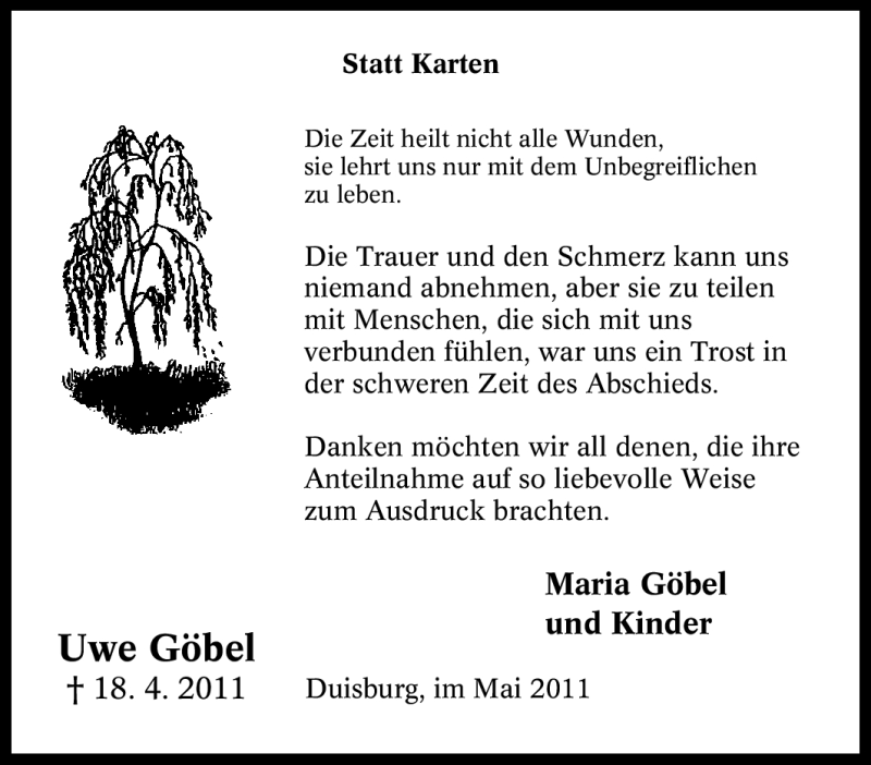  Traueranzeige für Uwe Göbel vom 11.05.2011 aus Tageszeitung