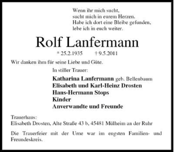 Traueranzeige von Rolf Lanfermann von Tageszeitung