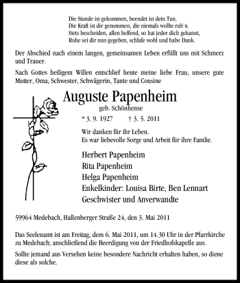 Traueranzeige von Auguste Papenheim von Tageszeitung