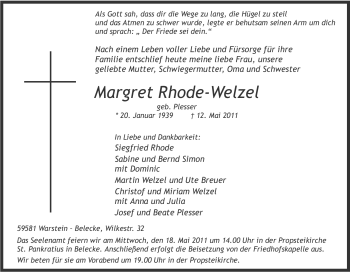 Traueranzeige von Margret Rhode-Welzel von Tageszeitung