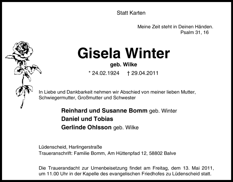  Traueranzeige für Gisela Winter vom 10.05.2011 aus Tageszeitung