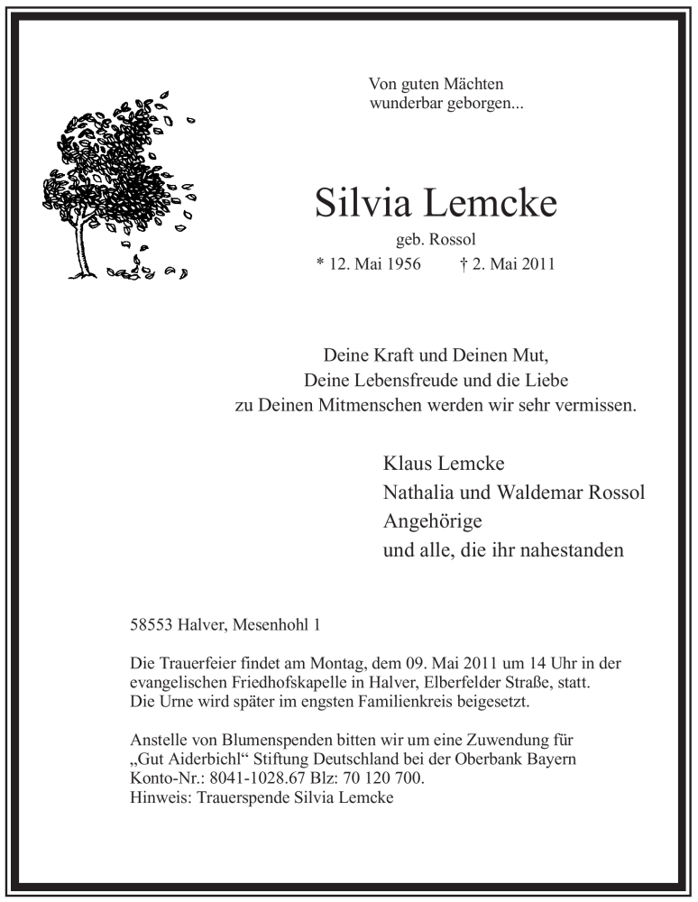  Traueranzeige für Silvia Lemcke vom 04.05.2011 aus Tageszeitung