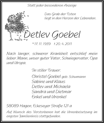 Traueranzeige von Detlev Goebel von Tageszeitung
