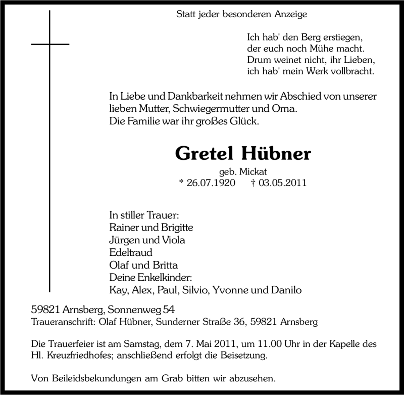  Traueranzeige für Gretel Hübner vom 04.05.2011 aus Tageszeitung