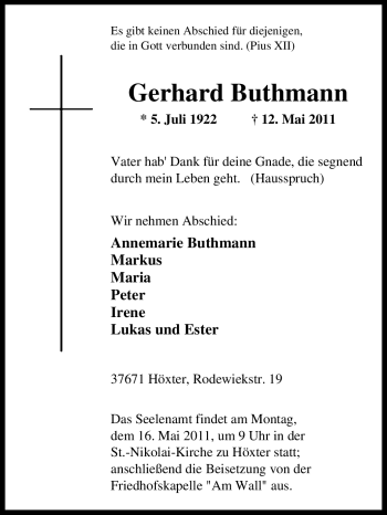 Traueranzeige von Gerhard Buthmann von Tageszeitung
