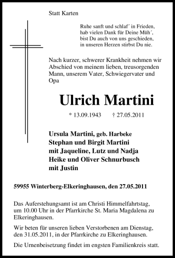 Traueranzeige von Ulrich Martini von Tageszeitung