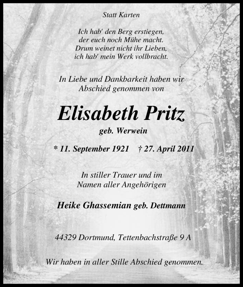  Traueranzeige für Elisabeth Pritz vom 07.05.2011 aus Tageszeitung
