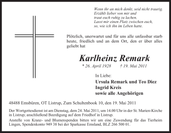 Traueranzeige von Karlheinz Remark von Tageszeitung