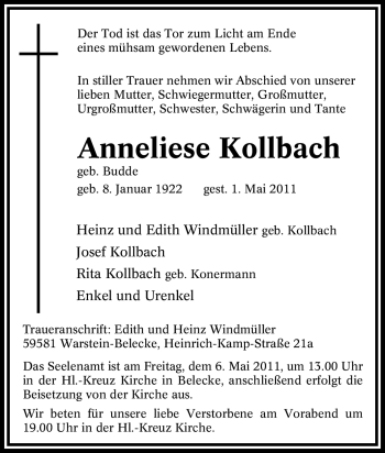 Traueranzeige von Anneliese Kollbach von Tageszeitung