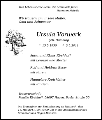 Traueranzeige von Ursula Vorwerk von Tageszeitung