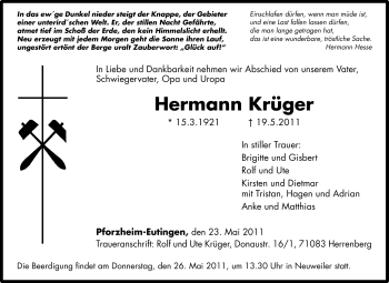 Traueranzeige von Hermann Krüger von Tageszeitung