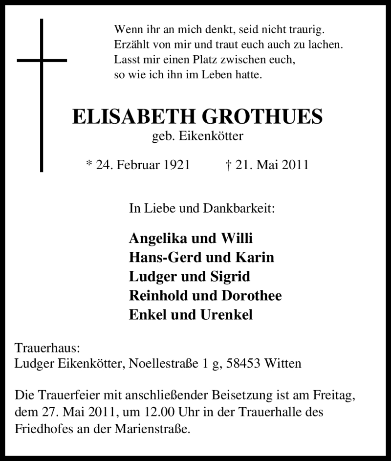  Traueranzeige für Elisabeth Grothues vom 24.05.2011 aus Tageszeitung