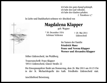 Traueranzeige von Magdalena Klapper von Tageszeitung