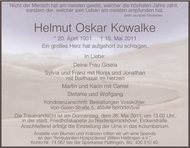  Traueranzeige für Helmut Oskar Kowalke vom 21.05.2011 aus Tageszeitung